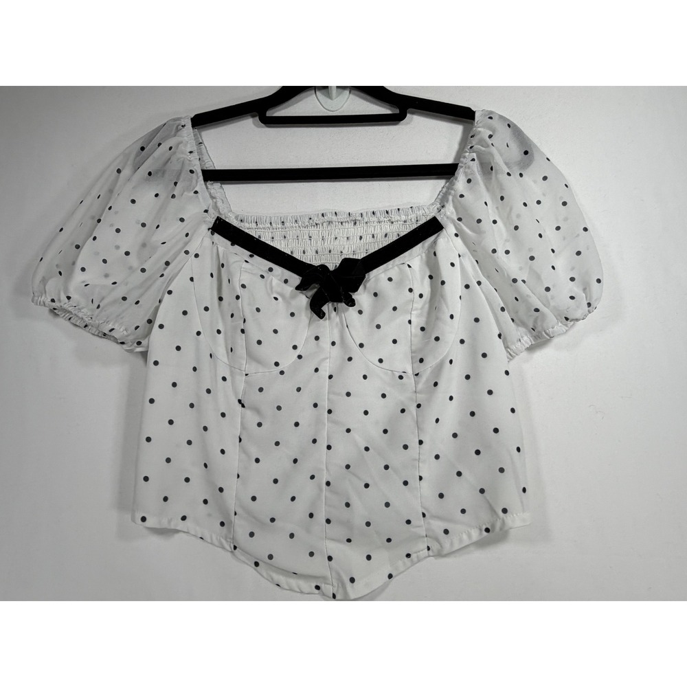 Dazy Polka Dot Puff Sleeve Top Womens Large White Cottagecore Bow Blouse